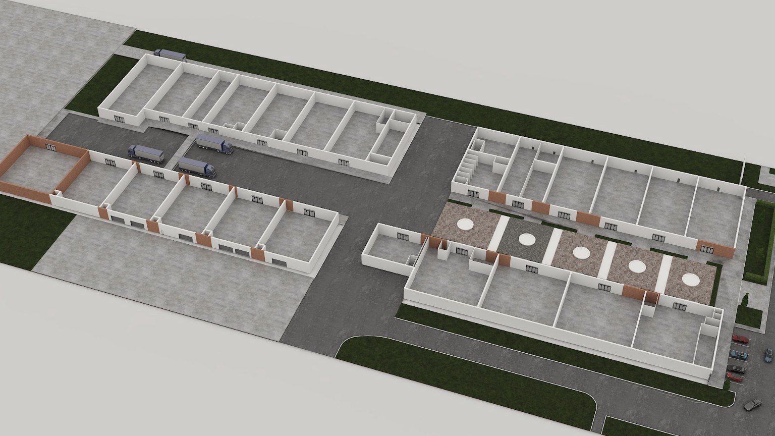 3D rendering of Area One small-bay industrial buildings