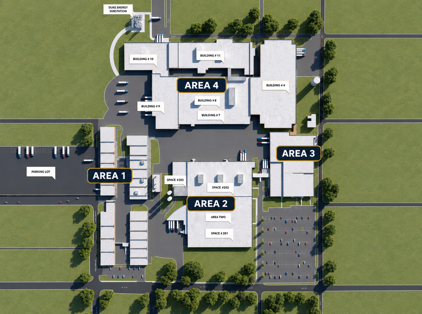 CCIP campus site plan showing clickable labels for Area One, Area Two, Area Three, and Area Four