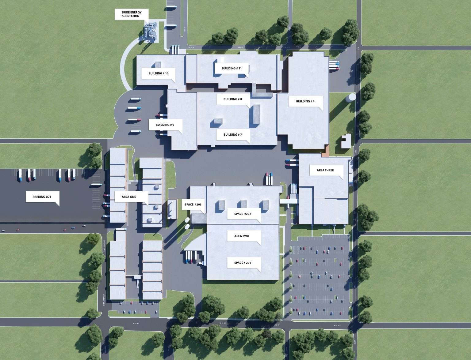 CCIP campus site plan showing Area One, Area Two, Area Three, Area Four, parking, and building labels